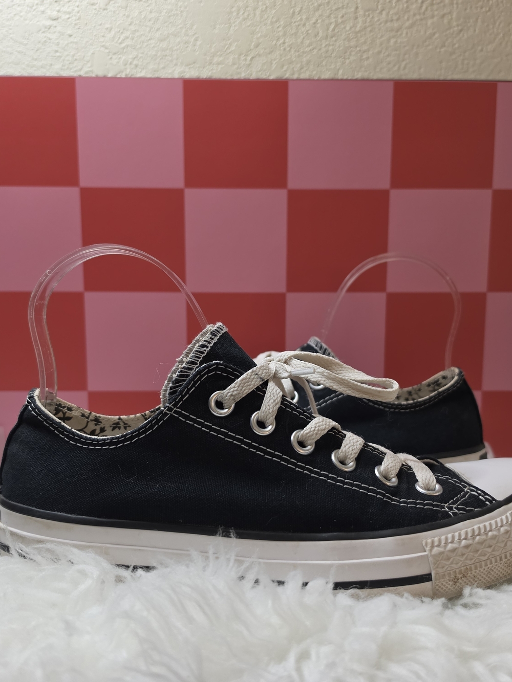 Converse Womans Black and White Low-Top Canvas Sneakers Decorative Double Tongue - Picture 2 of 8
